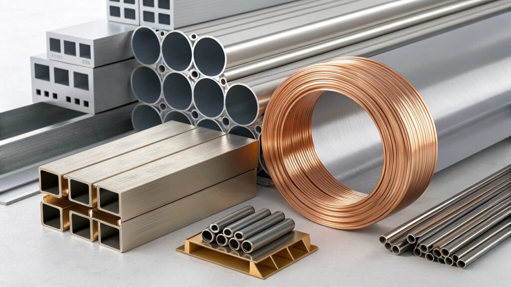 A collage of images showing end products made from these common alloys: a section of an airplane wing (2024), a boat hull (5083), a window frame (6061), and a high-performance bicycle frame (7075).